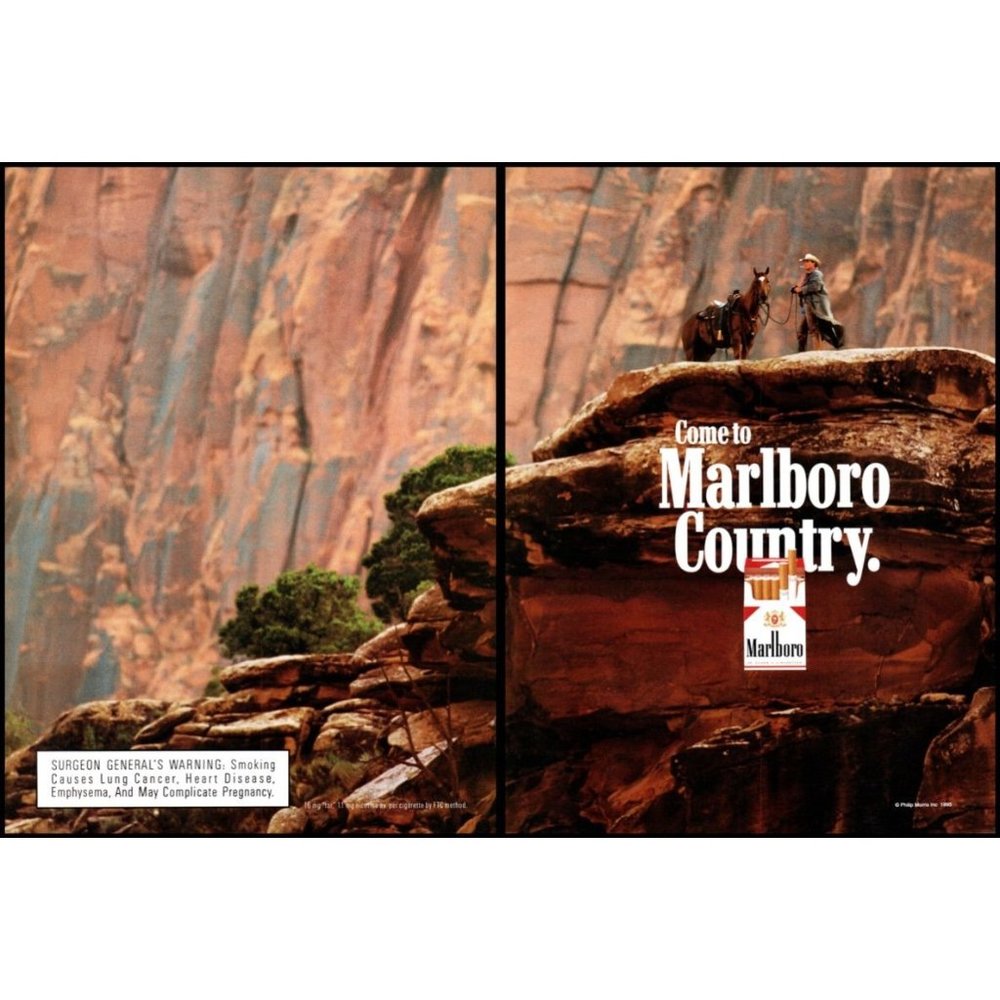 1995 Marlboro Cigarettes 2 Page Vintage Print Ad Rock Face Cliff Horse Wall Art